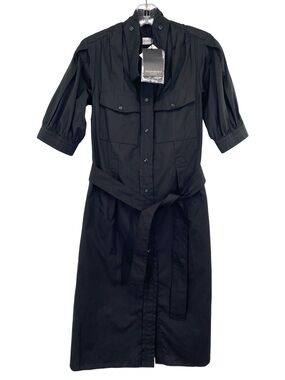 YSL Yves Saint Lauren Black Cotton Belted Shirt Dress Blouson Sleeve New